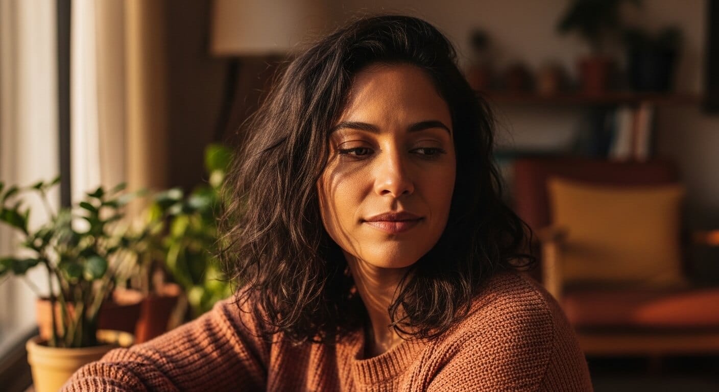 mulher refletindo sobre como melhorar a autoestima em ambiente acolhedor