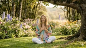 Mulher em contato com a natureza com expressão serena representando como construir amor próprio na prática