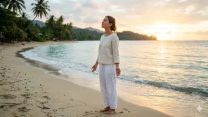 Mulher ao ar livre com expressão serena refletindo sobre como desenvolver autoestima emocional