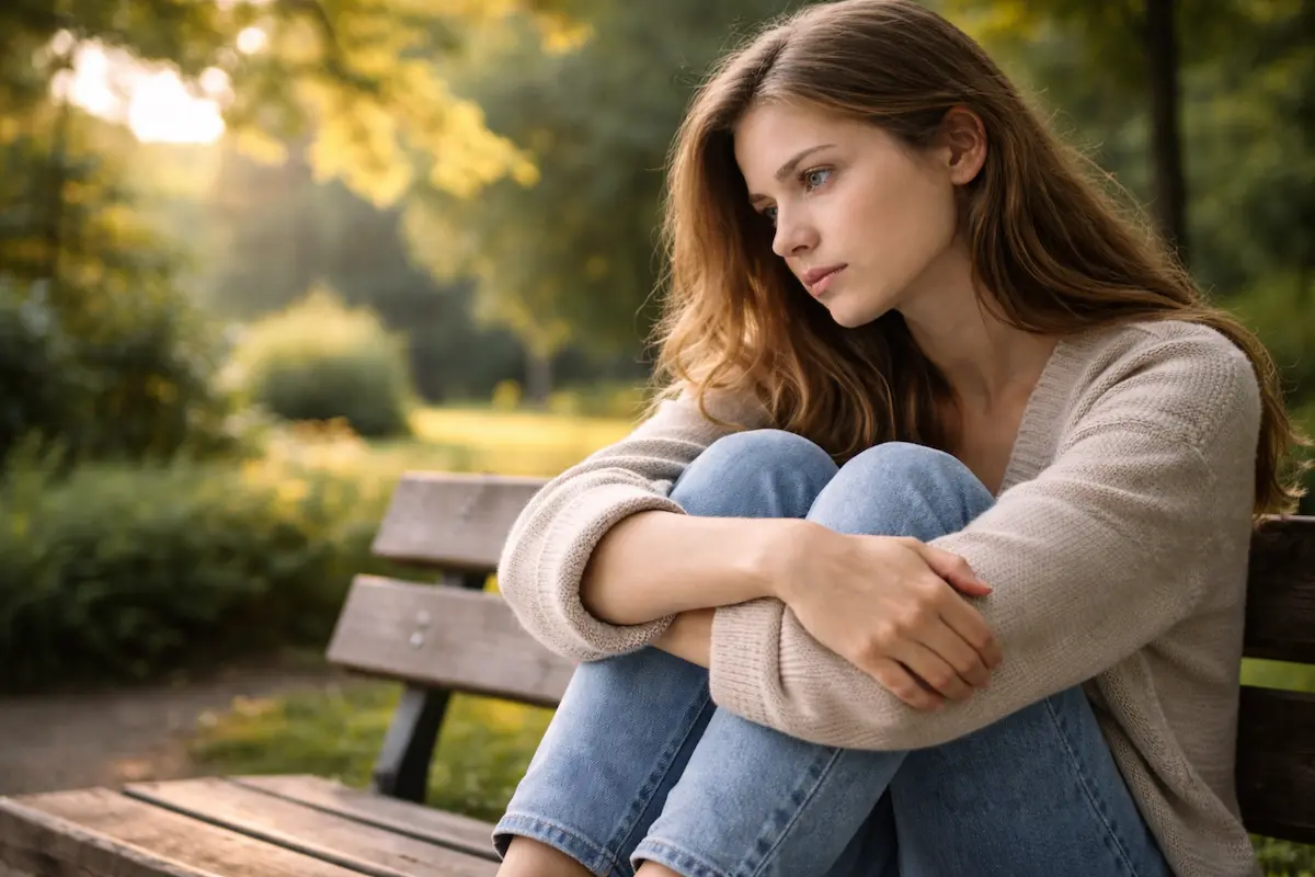 Como parar de se anular em um relacionamento Mulher sentada em um banco no parque com expressão introspectiva refletindo sobre como parar de se anular em um relacionamento