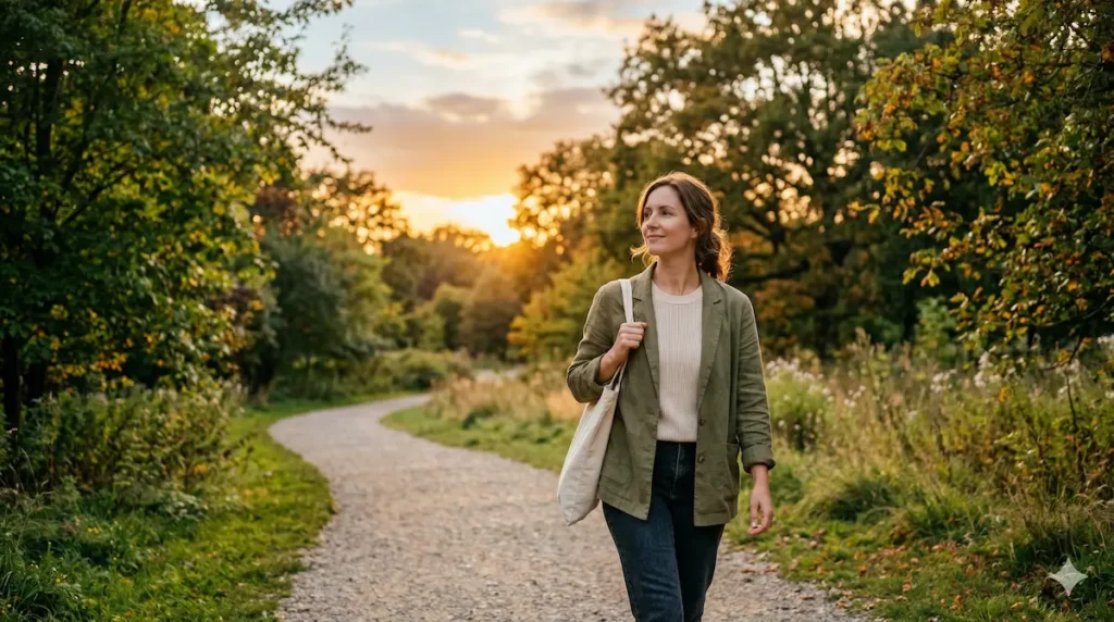 Mulher caminhando sozinha em um parque ao entardecer refletindo sobre como reconstruir sua autoestima após um relacionamento