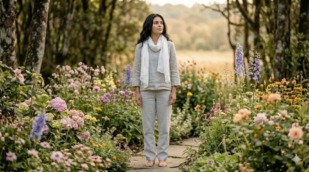 Mulher em pé na natureza com expressão serena representando como se valorizar de verdade e fortalecer a autoestima