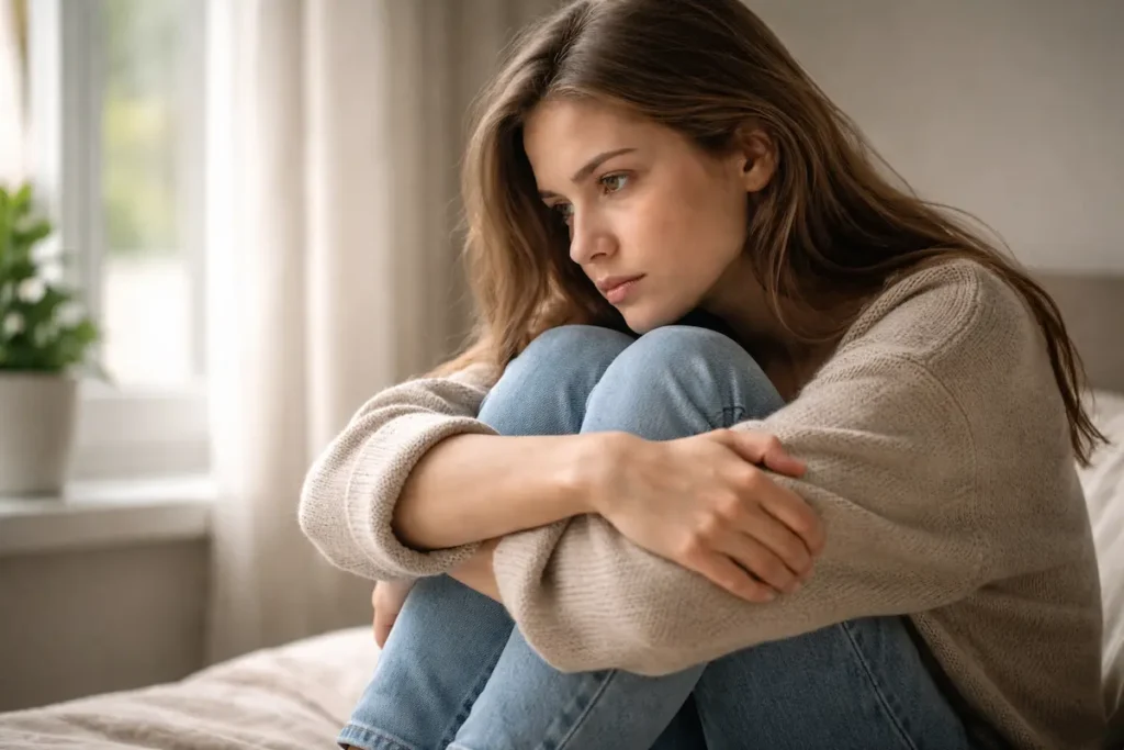 Mulher em momento de introspecção refletindo sobre dependência emocional