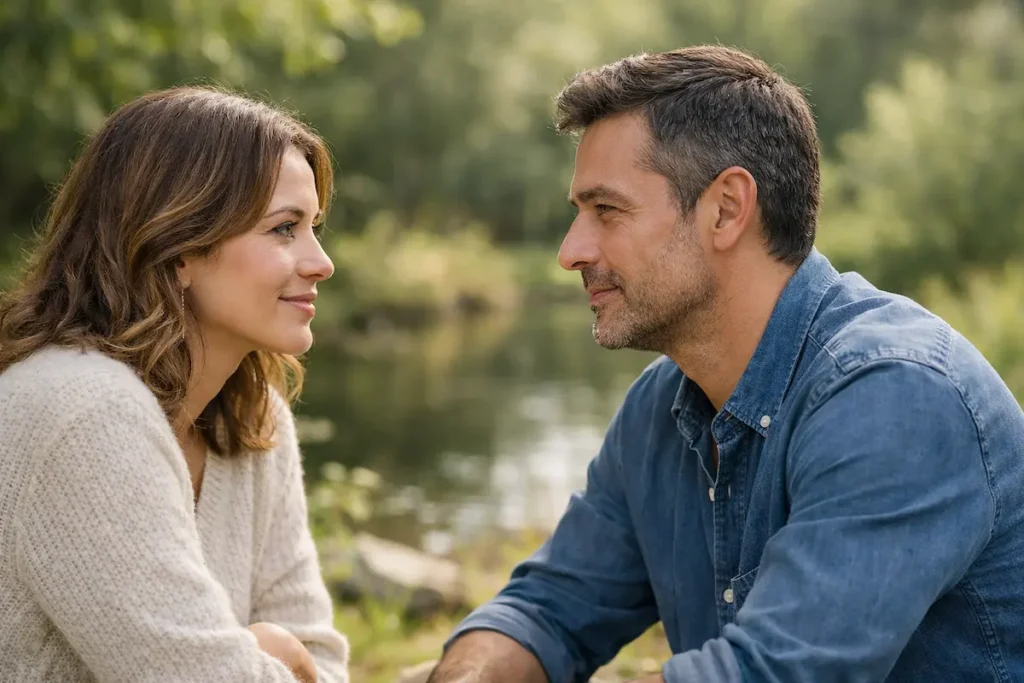 Casal conversando com calma em ambiente natural representando diálogo saudável no relacionamento