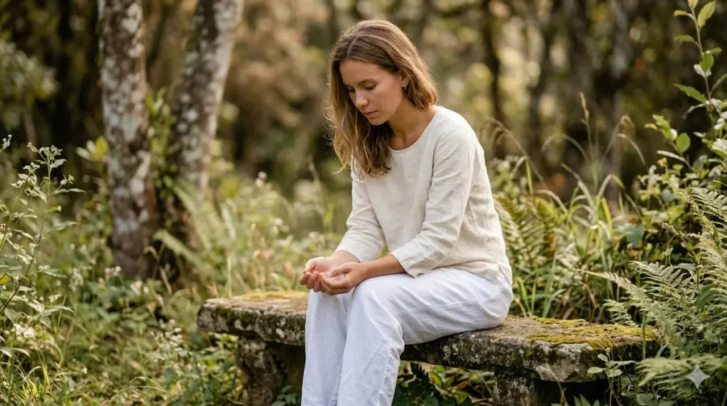 Mulher em ambiente natural com expressão reflexiva representando autocrítica e por que você se cobra tanto