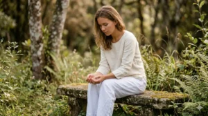 Mulher em ambiente natural com expressão reflexiva representando autocrítica e por que você se cobra tanto