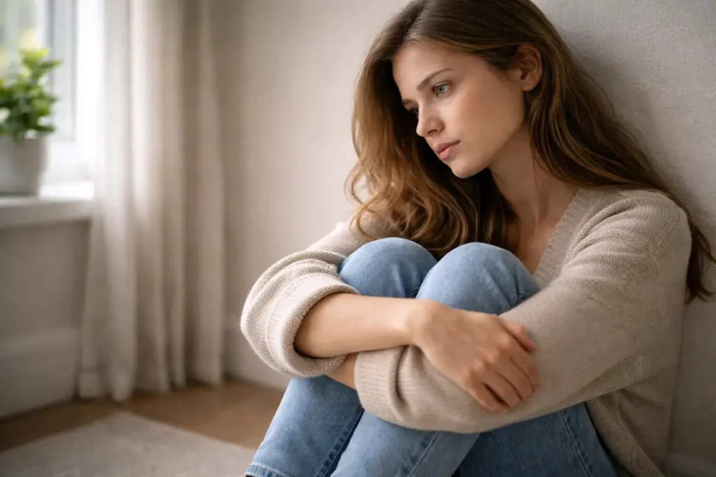Mulher sentada no chão com expressão introspectiva refletindo sobre sinais de dependência emocional