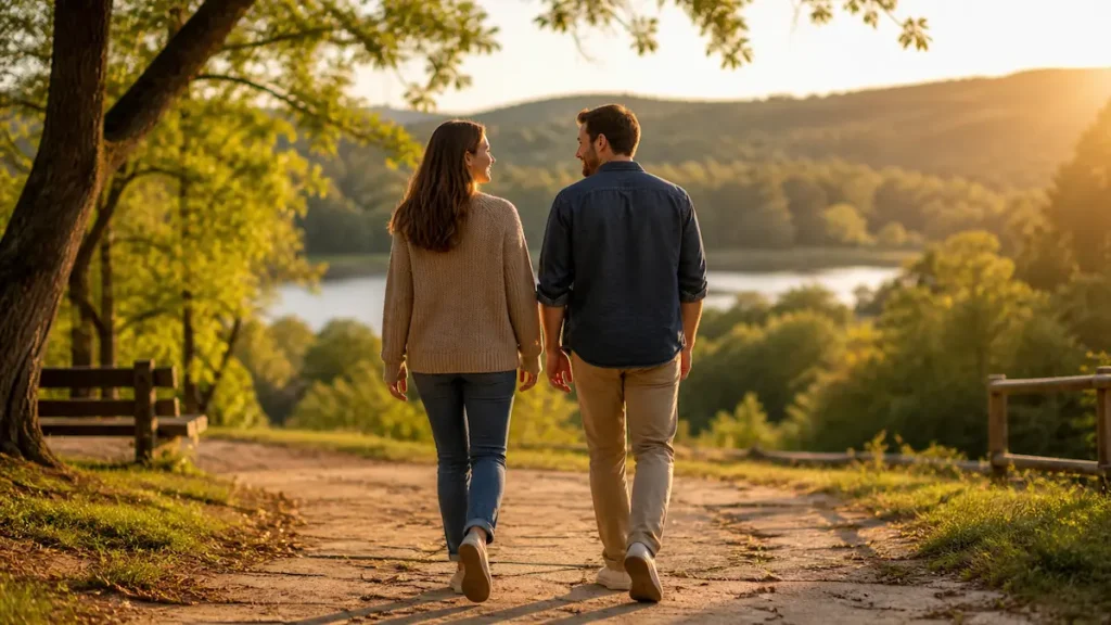 Casal caminhando em ambiente natural representando relacionamento saudável e equilíbrio emocional
