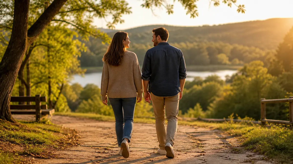 🌿Como saber se você está em um relacionamento certo Casal caminhando em ambiente natural representando relacionamento saudável e equilíbrio emocional