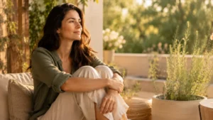 Mulher em ambiente tranquilo e iluminado com expressão confiante e serena, simbolizando independência financeira e autoestima conquistada com equilíbrio emocional