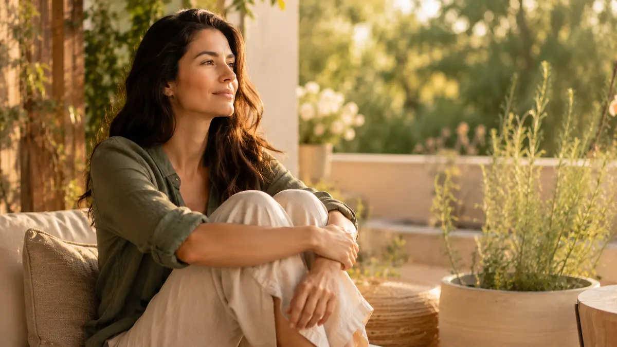 Mulher em ambiente tranquilo e iluminado com expressão confiante e serena, simbolizando independência financeira e autoestima conquistada com equilíbrio emocional