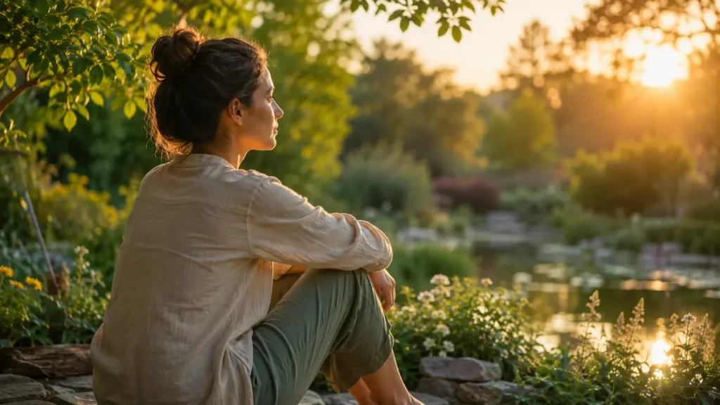 Pessoa refletindo sobre inteligência emocional em ambiente natural e tranquilo