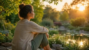 Pessoa refletindo sobre inteligência emocional em ambiente natural e tranquilo