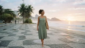 Mulher caminhando tranquilamente por um calçadão à beira-mar no litoral brasileiro durante o nascer do sol, transmitindo serenidade, liberdade e equilíbrio emocional.