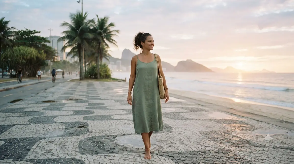 Mulher caminhando tranquilamente por um calçadão à beira-mar no litoral brasileiro durante o nascer do sol, transmitindo serenidade, liberdade e equilíbrio emocional.