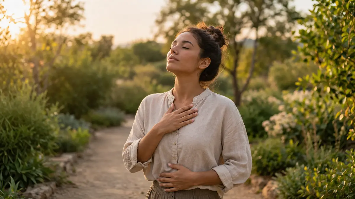 Como controlar a impulsividade emocional Pessoa respirando profundamente antes de reagir a uma emoção intensa em um ambiente tranquilo.