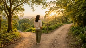 Mulher contemplando uma bifurcação em uma trilha de parque brasileiro durante o amanhecer, transmitindo serenidade e reflexão antes de uma decisão.