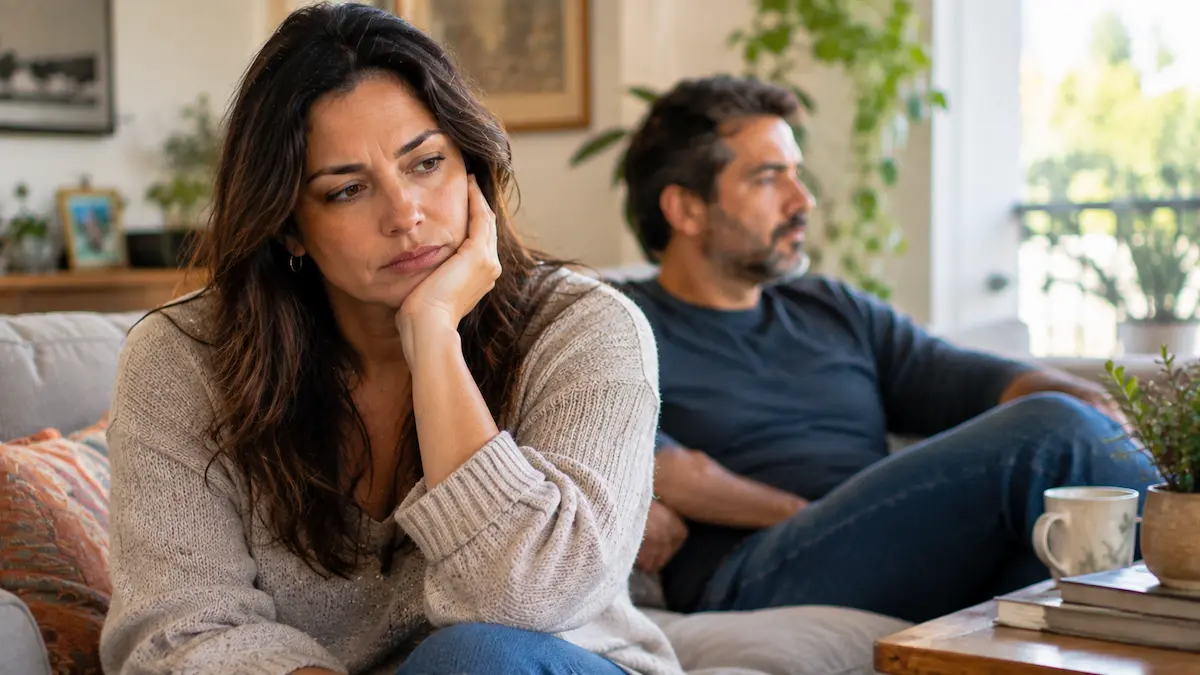 Mulher brasileira refletindo sobre o relacionamento enquanto o parceiro está distante