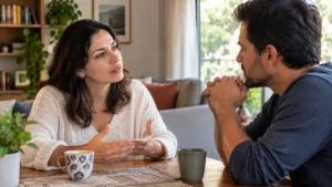Casal conversando com atenção à mesa de casa durante uma conversa séria.