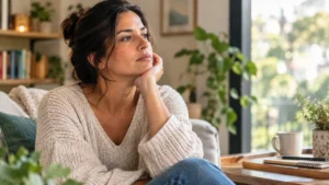 Mulher brasileira refletindo após um período emocionalmente difícil